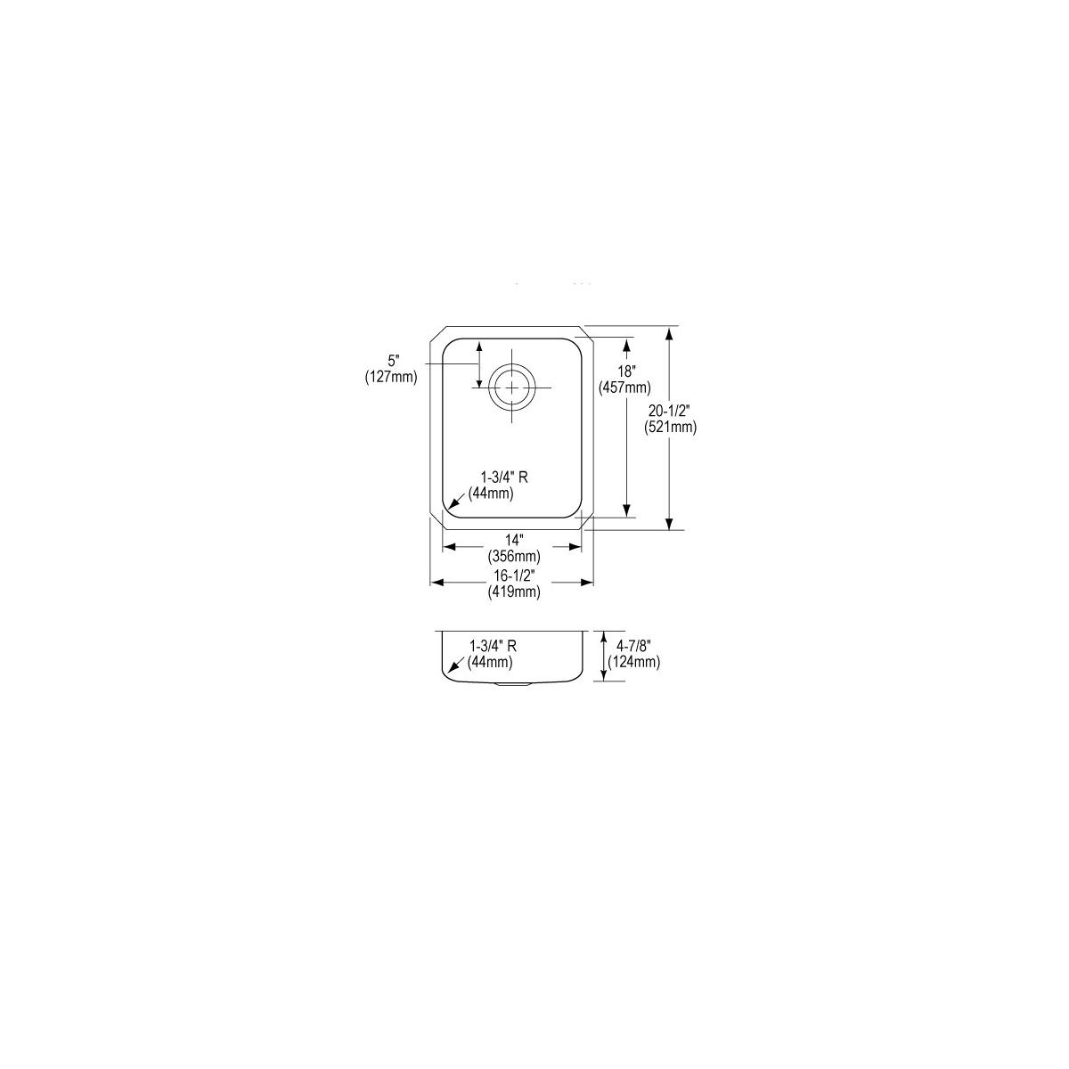 Technical schematic diagram showing top and side view specifications for a single bowl undermount sink with dimensions and ro