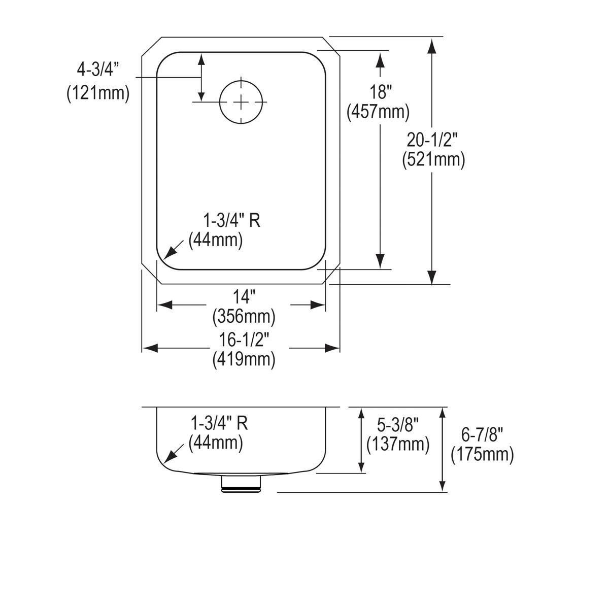 Technical schematic showing top and side views of a single-bowl undermount sink with dimensions and drain placement specifica