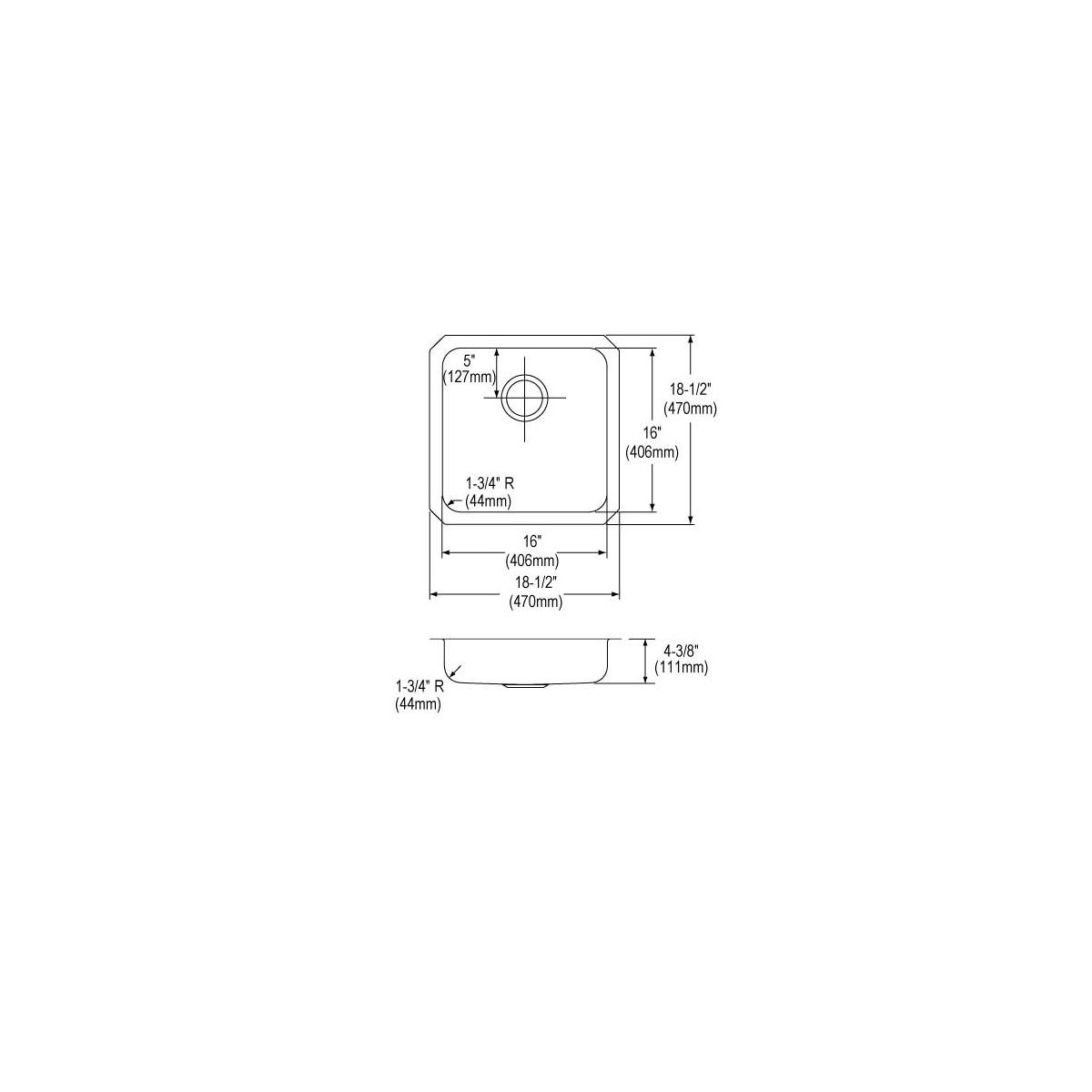 Top and side technical drawings of a square stainless steel undermount sink with rounded corners and drainage hole, showing d