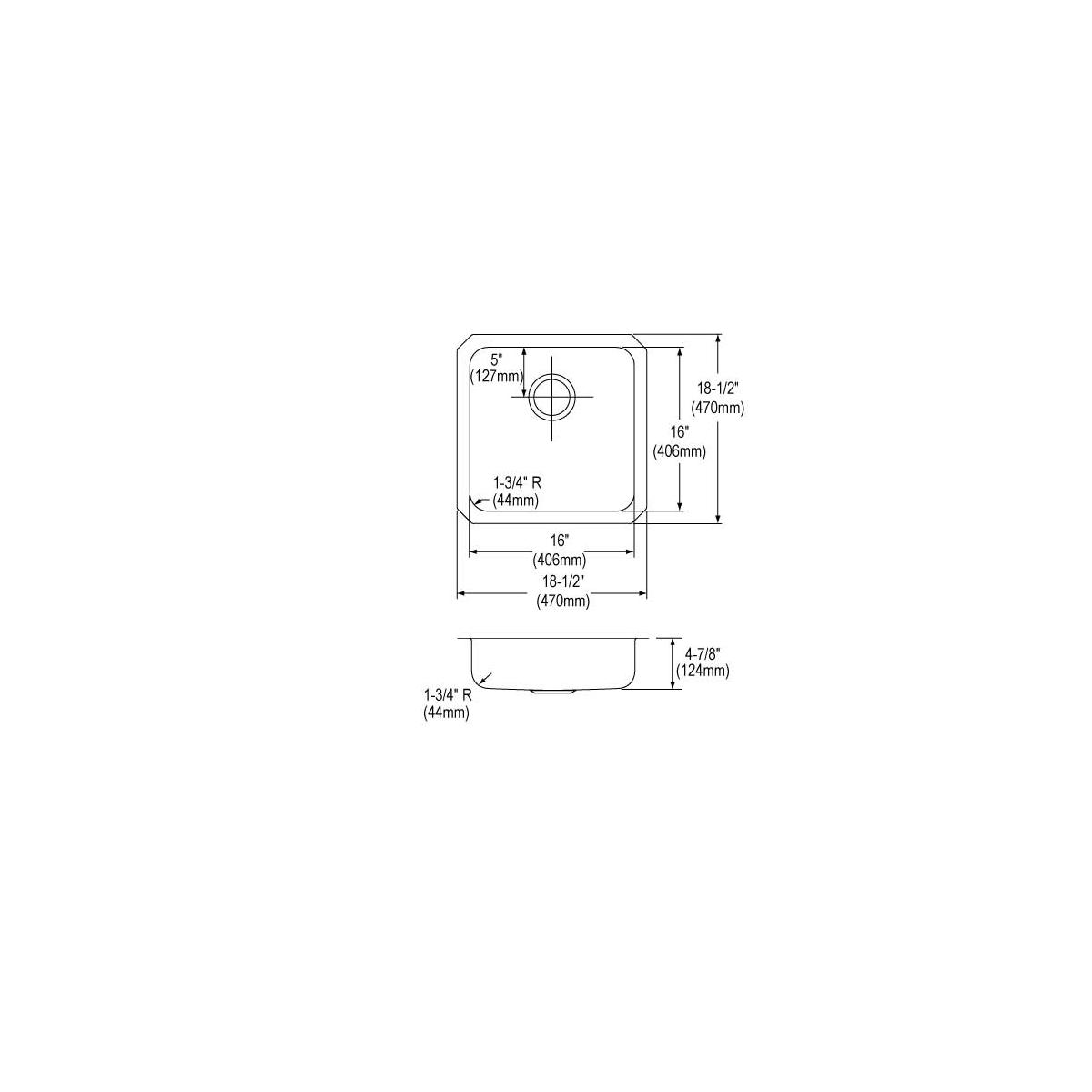 Stainless steel single bowl undermount sink with rounded corners, shown in top and side view with dimension measurements.