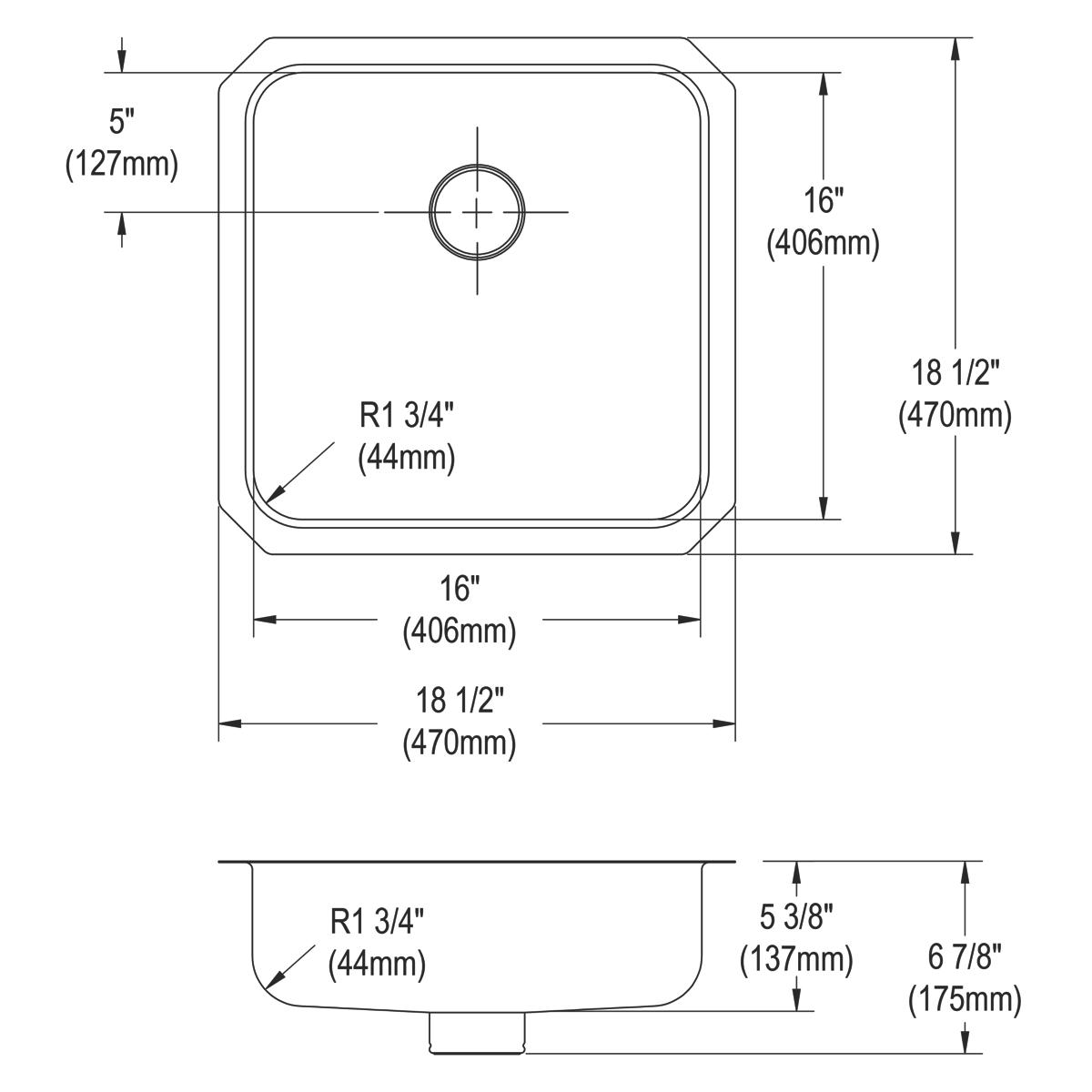 Top and side view technical drawings of a square stainless steel undermount sink with rounded corners and single drain openin