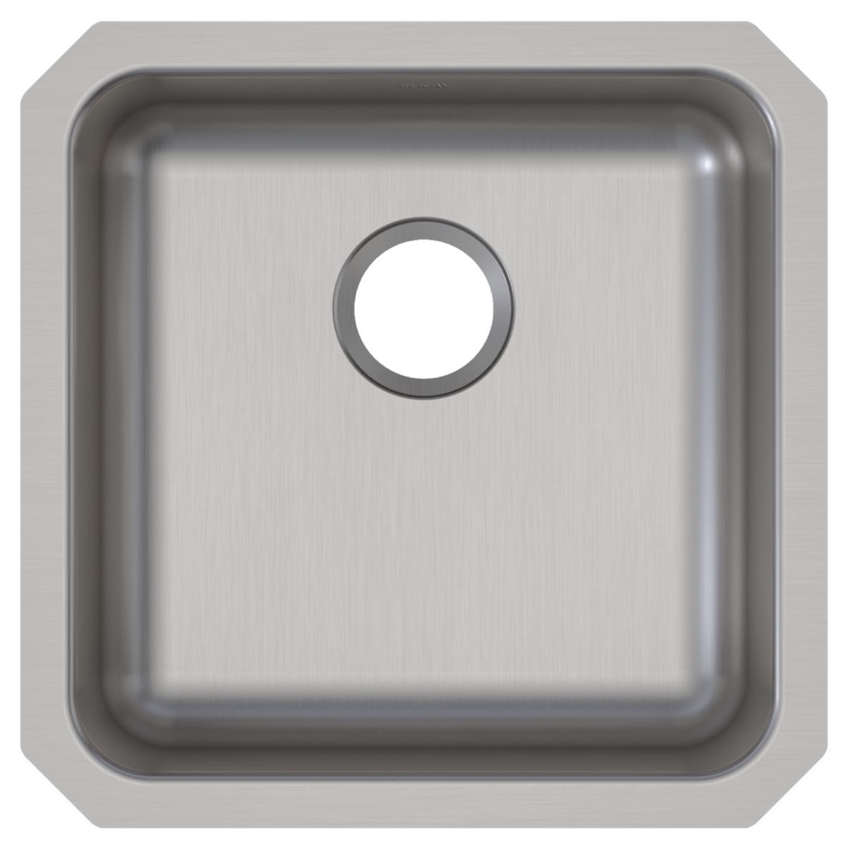 Stainless steel single bowl undermount sink with brushed finish and drain opening, square shape with rounded corners.