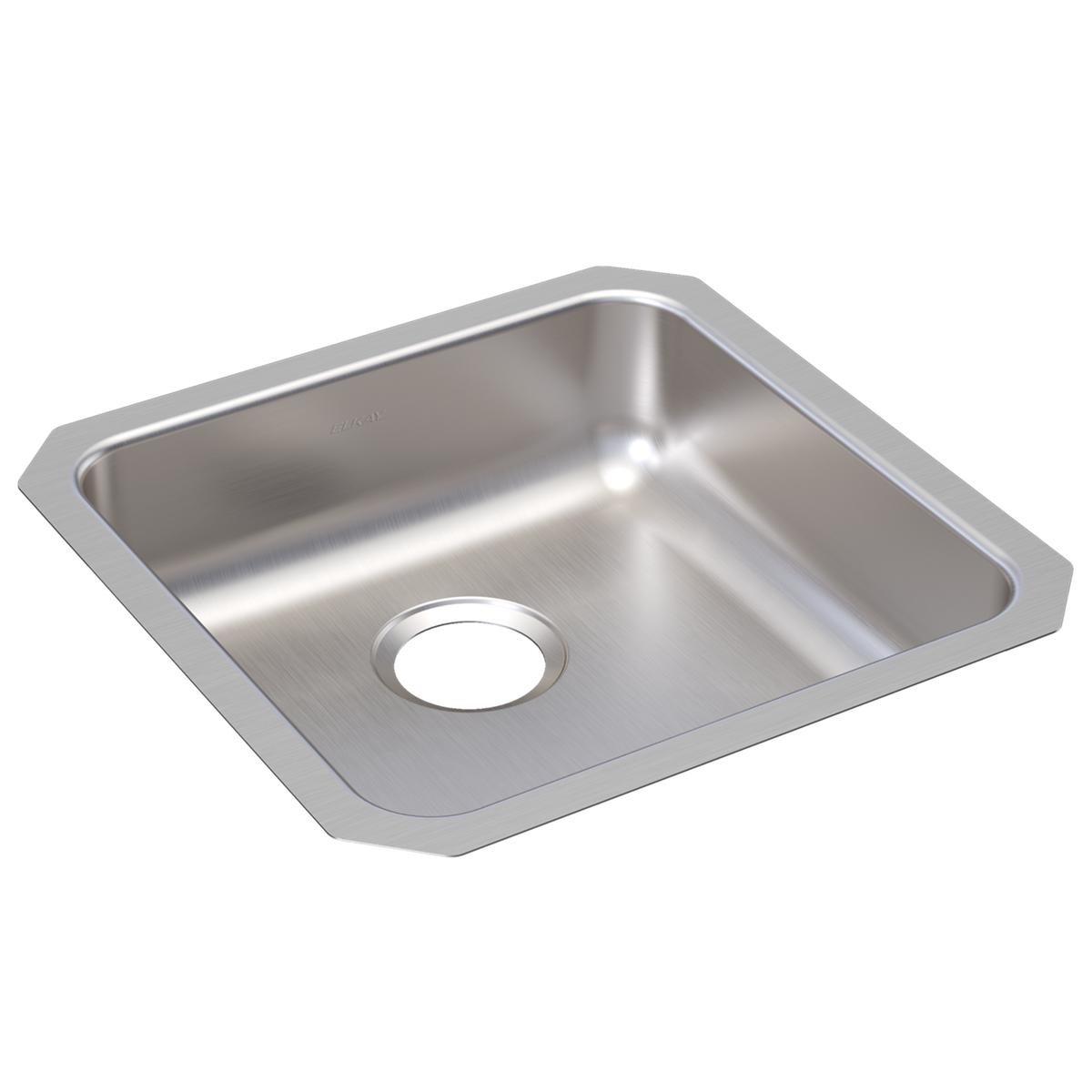 Stainless steel single bowl undermount sink with rounded corners and drain opening, viewed from above at an angle.