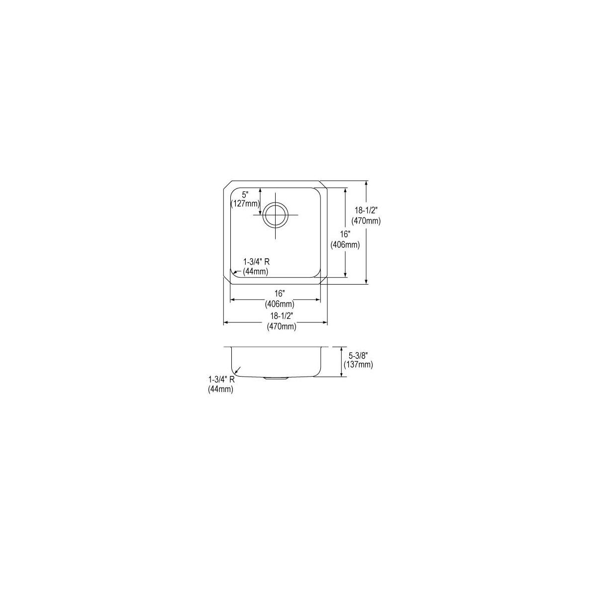 Stainless steel single bowl undermount sink with rounded corners shown in top and side profile views with dimension measureme