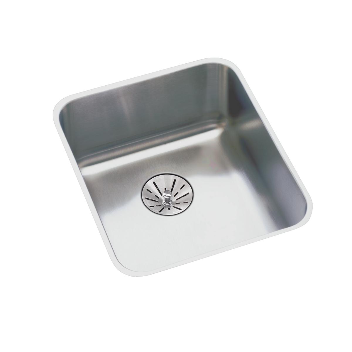 Stainless steel single bowl undermount sink with rounded corners and centered drain opening.
