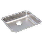 Stainless steel undermount sink with single rectangular bowl and drain hole, brushed finish.