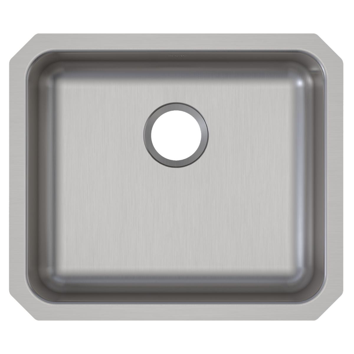 Stainless steel single bowl undermount sink with brushed finish and drain hole, shown from above.