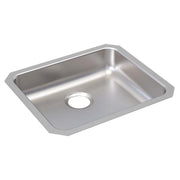Stainless steel single bowl undermount sink with brushed finish and drain hole, shown at angle.