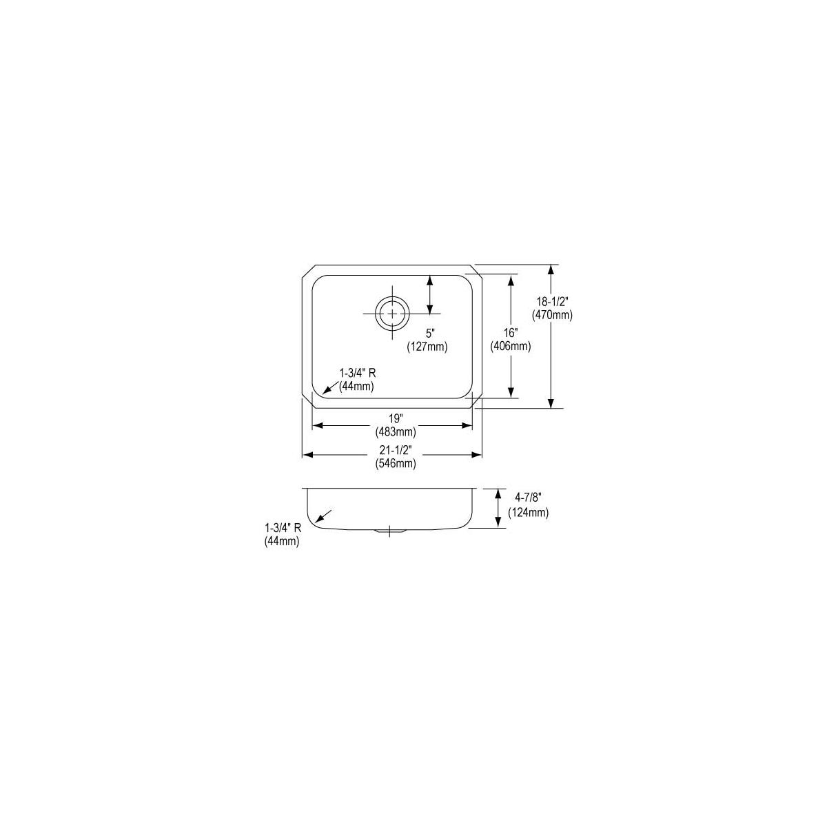 Technical drawing of a single-bowl stainless steel undermount sink showing top and side views with dimensions.