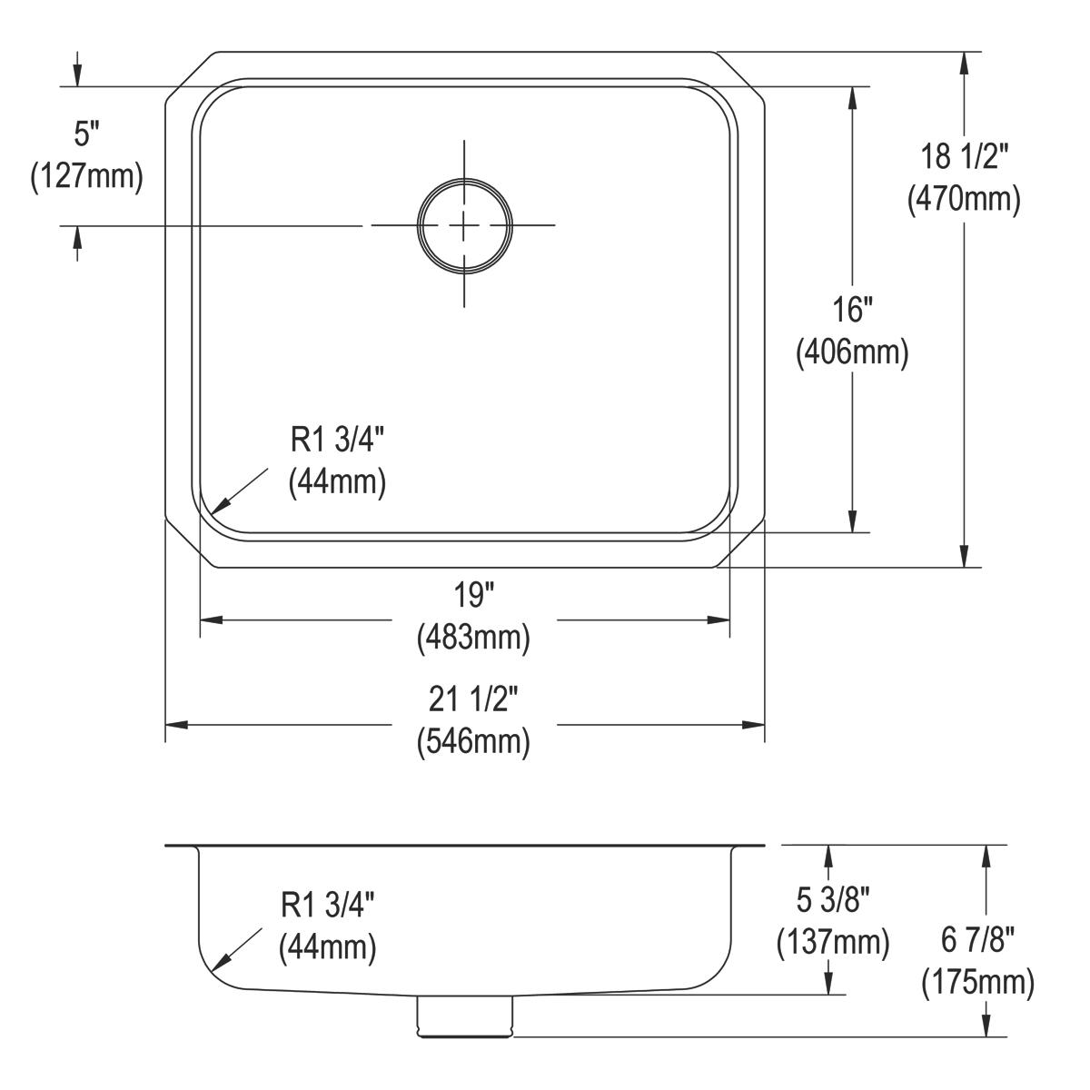 Stainless steel single bowl undermount sink with rounded corners and centered drain hole, shown in top and side technical dra