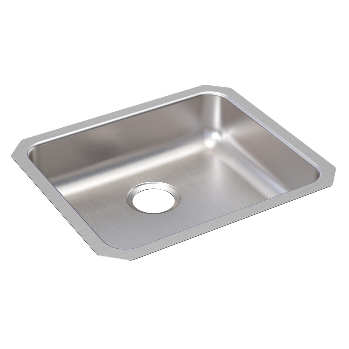 Brushed stainless steel single bowl undermount sink with drain hole and rounded corners.