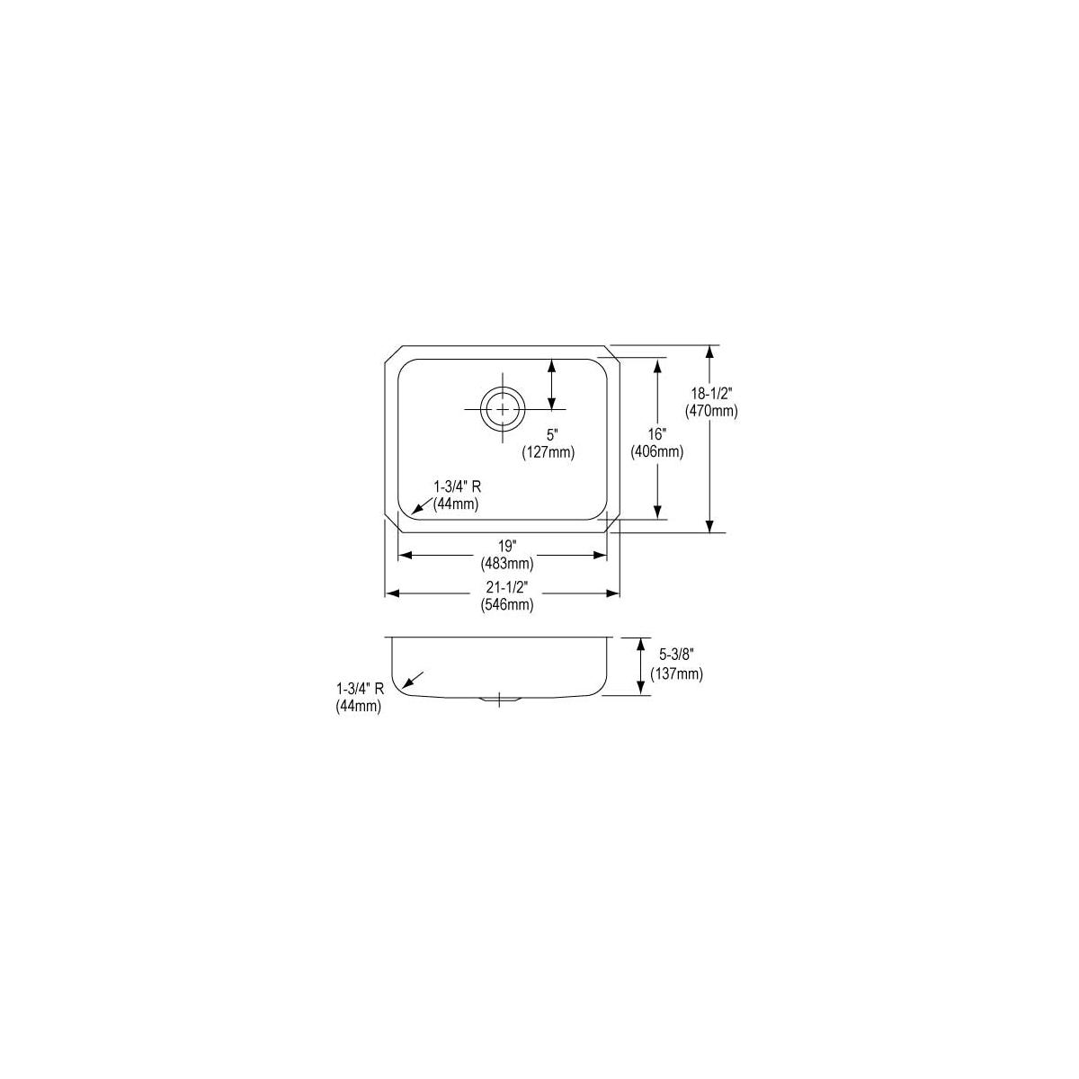 Top and side technical drawings of a single bowl stainless steel undermount sink with rounded corners and drain hole specific