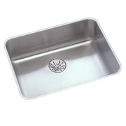 Stainless steel single bowl undermount sink with rounded corners and center drain opening.