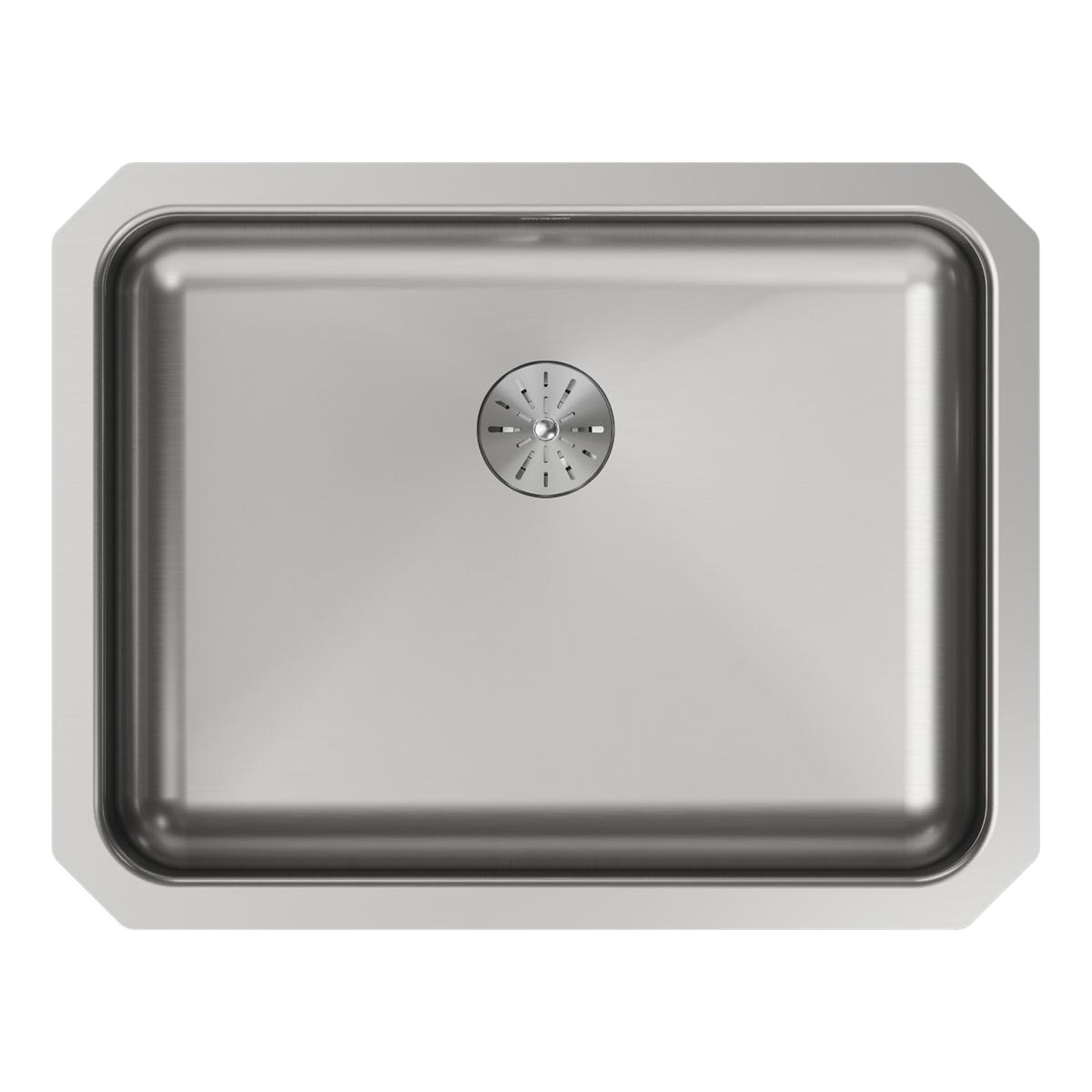 Stainless steel single bowl undermount sink with rounded corners and circular drain strainer in center.
