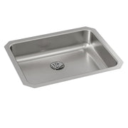 Stainless steel single bowl undermount sink with drain strainer, rectangular shape with rounded corners.