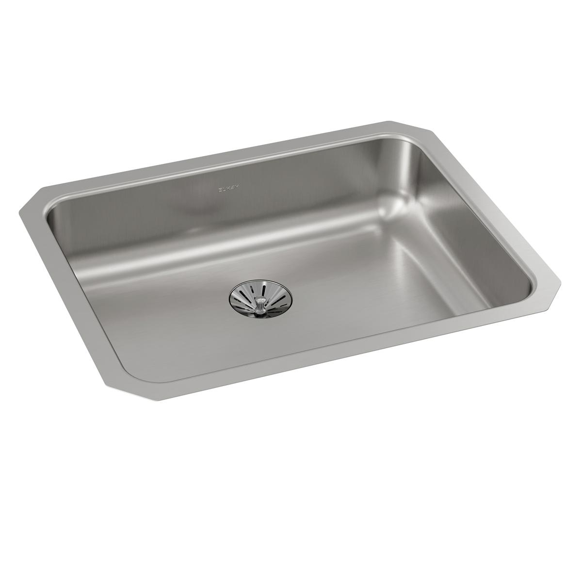 Stainless steel single bowl undermount sink with drain strainer, rectangular shape with rounded corners.