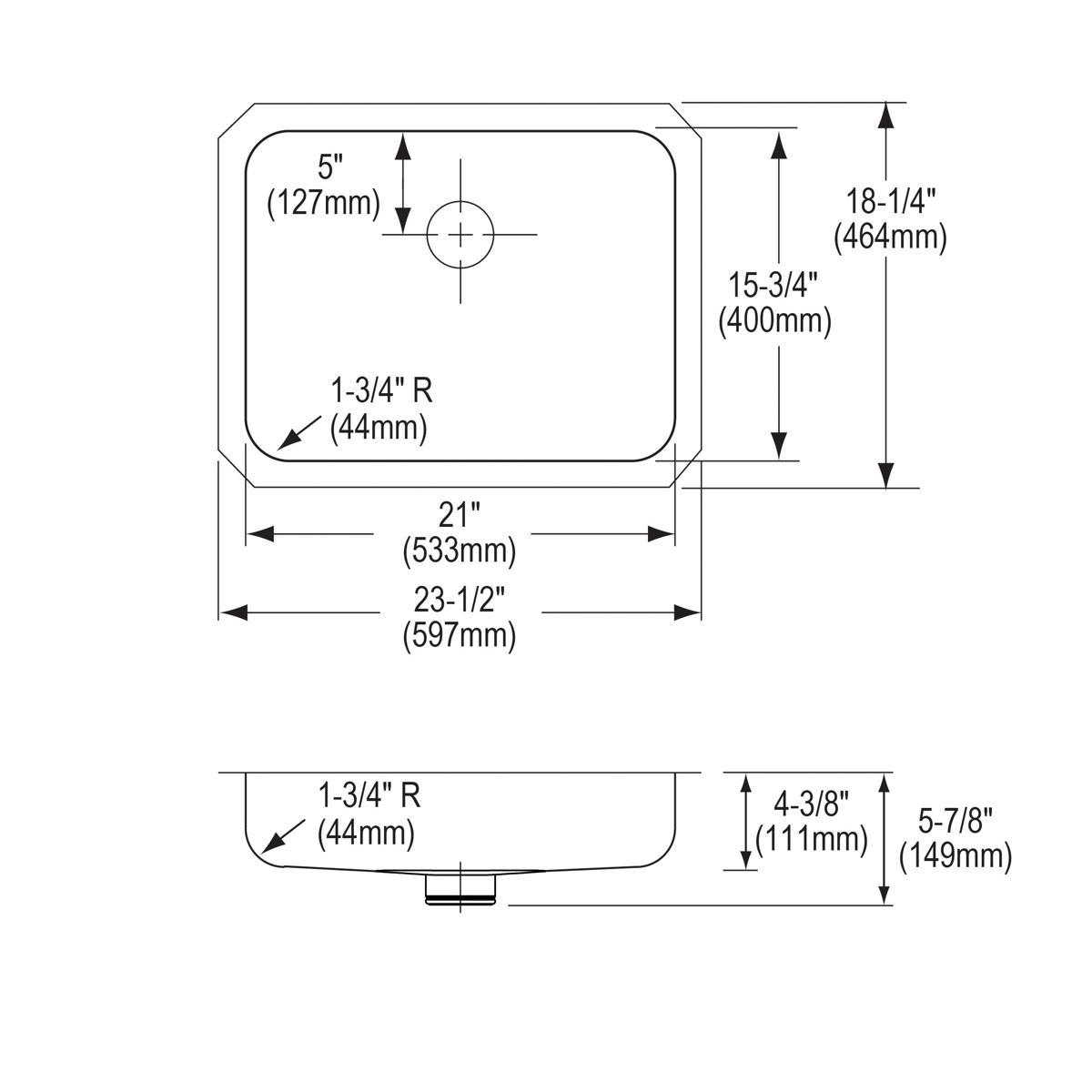 Technical drawing of single bowl stainless steel undermount sink with drain opening and dimensional measurements labeled.