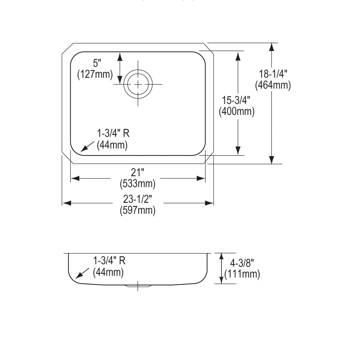 Stainless steel single bowl undermount sink with rounded corners and centered drain hole, shown in top and side technical dra