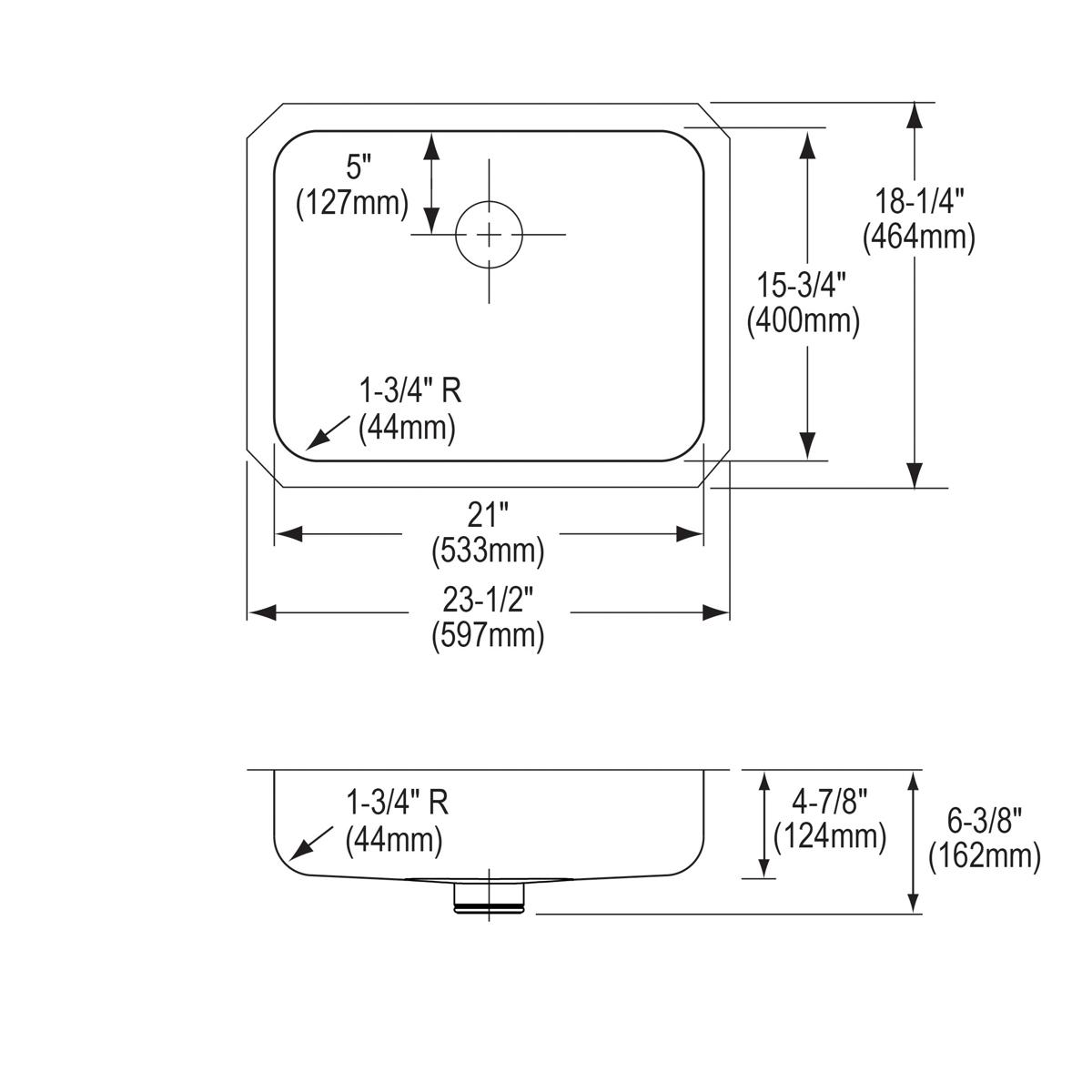 Stainless steel undermount sink with single bowl, rounded corners, and centered drain opening shown in top and side technical
