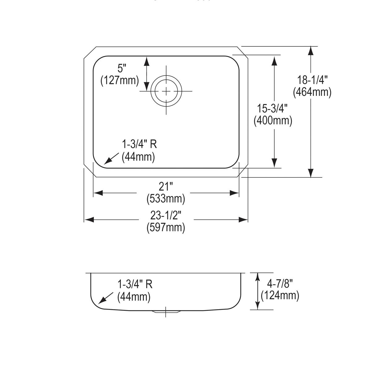 Technical drawing of single bowl stainless steel undermount sink with dimensions and drain specifications.
