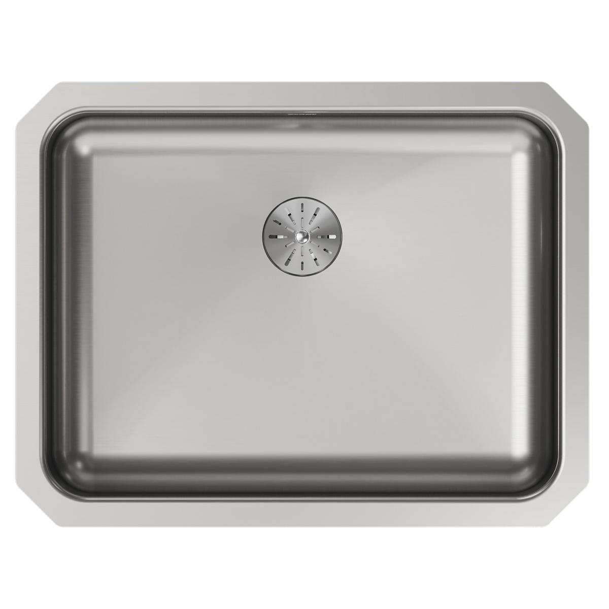 Stainless steel single bowl undermount sink with rounded corners and circular drain strainer in center.