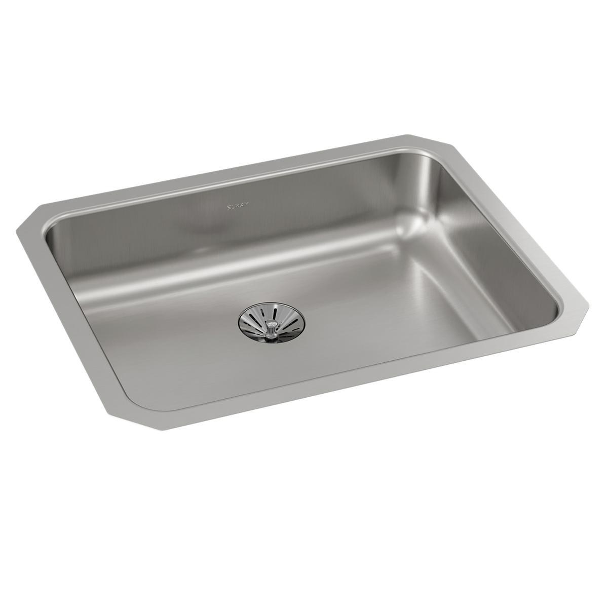 Stainless steel single bowl undermount sink with drain fitting and rounded corners.
