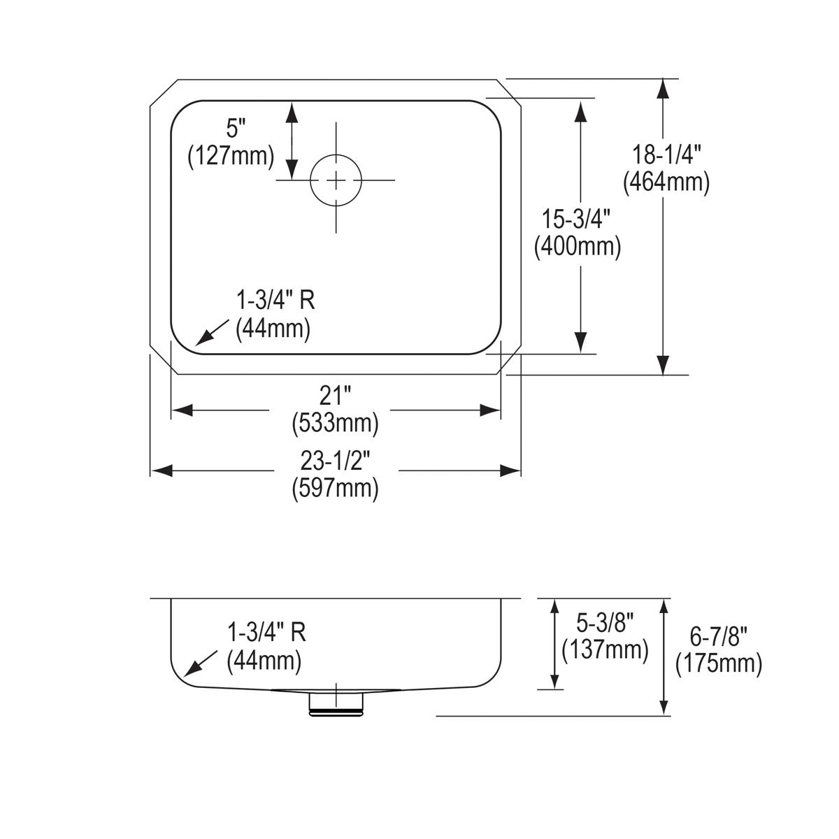 Stainless steel undermount sink with single bowl, rounded corners, and centered drain, shown in top and side technical views 