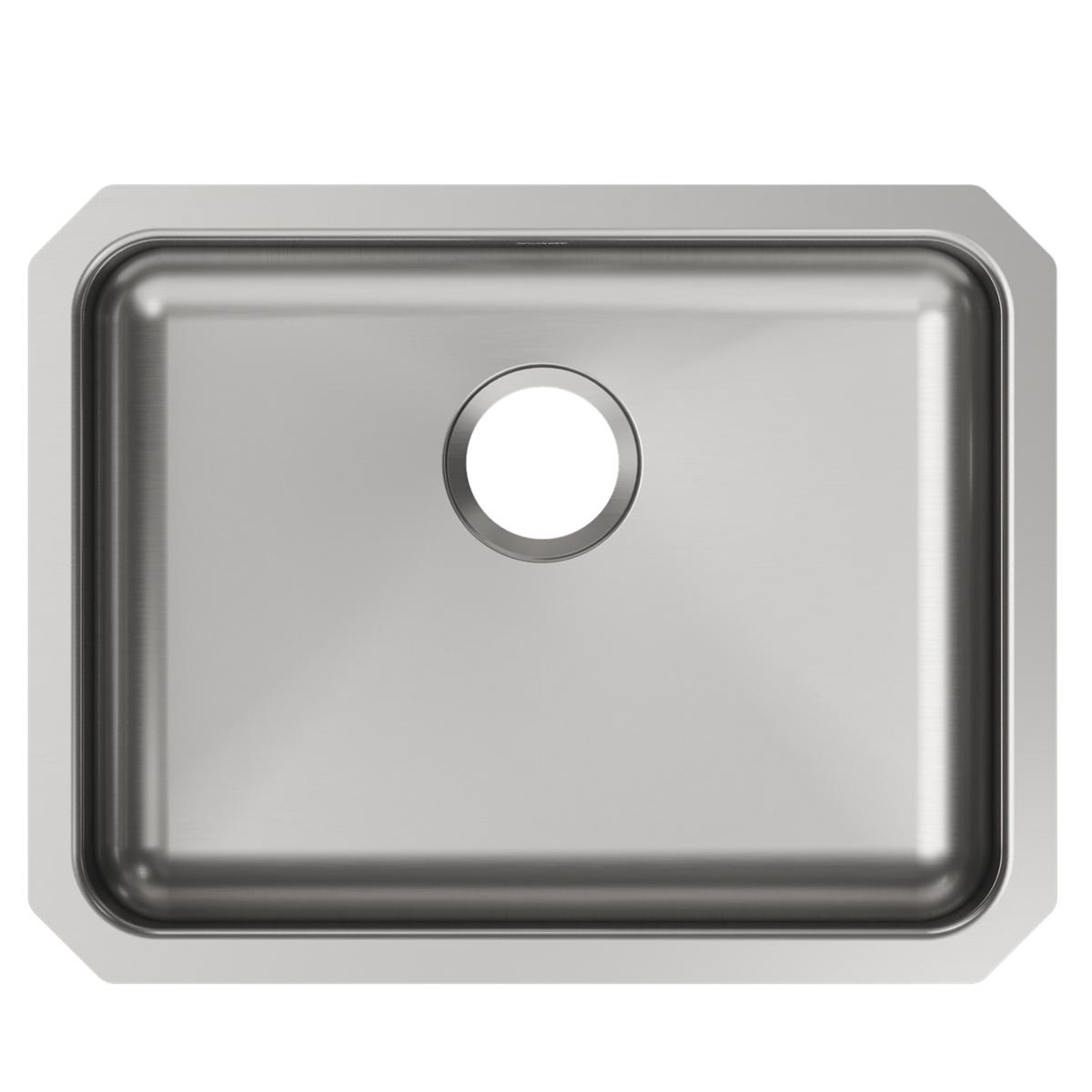 Stainless steel single bowl undermount sink with rounded corners and drain hole, viewed from above.