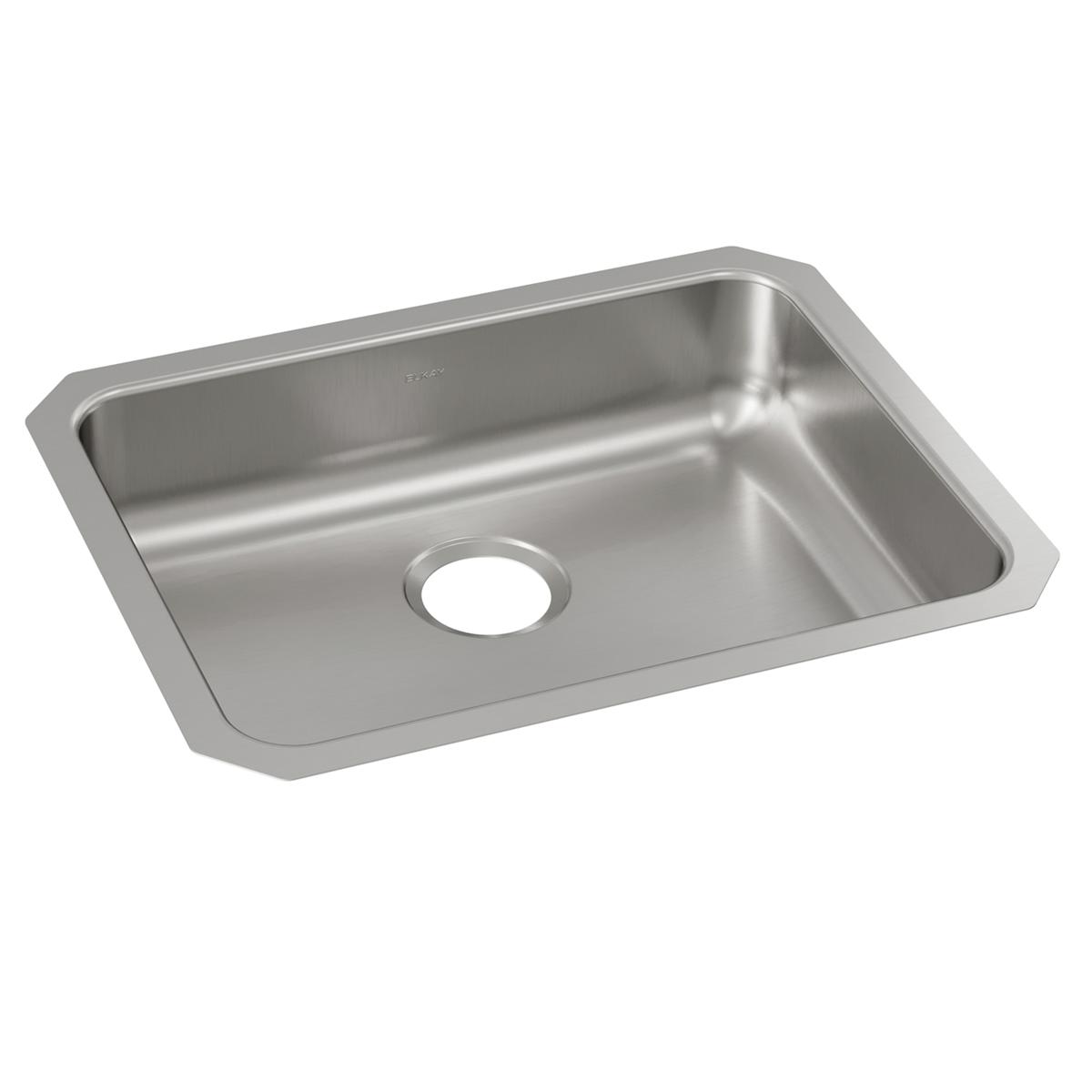Stainless steel single bowl undermount sink with rounded corners and drain hole.