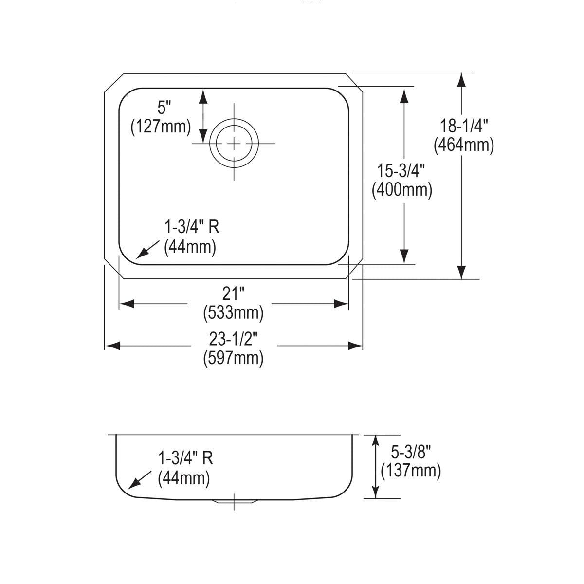 Stainless steel single bowl undermount sink with rounded corners and center drain hole, shown in top and side technical drawi