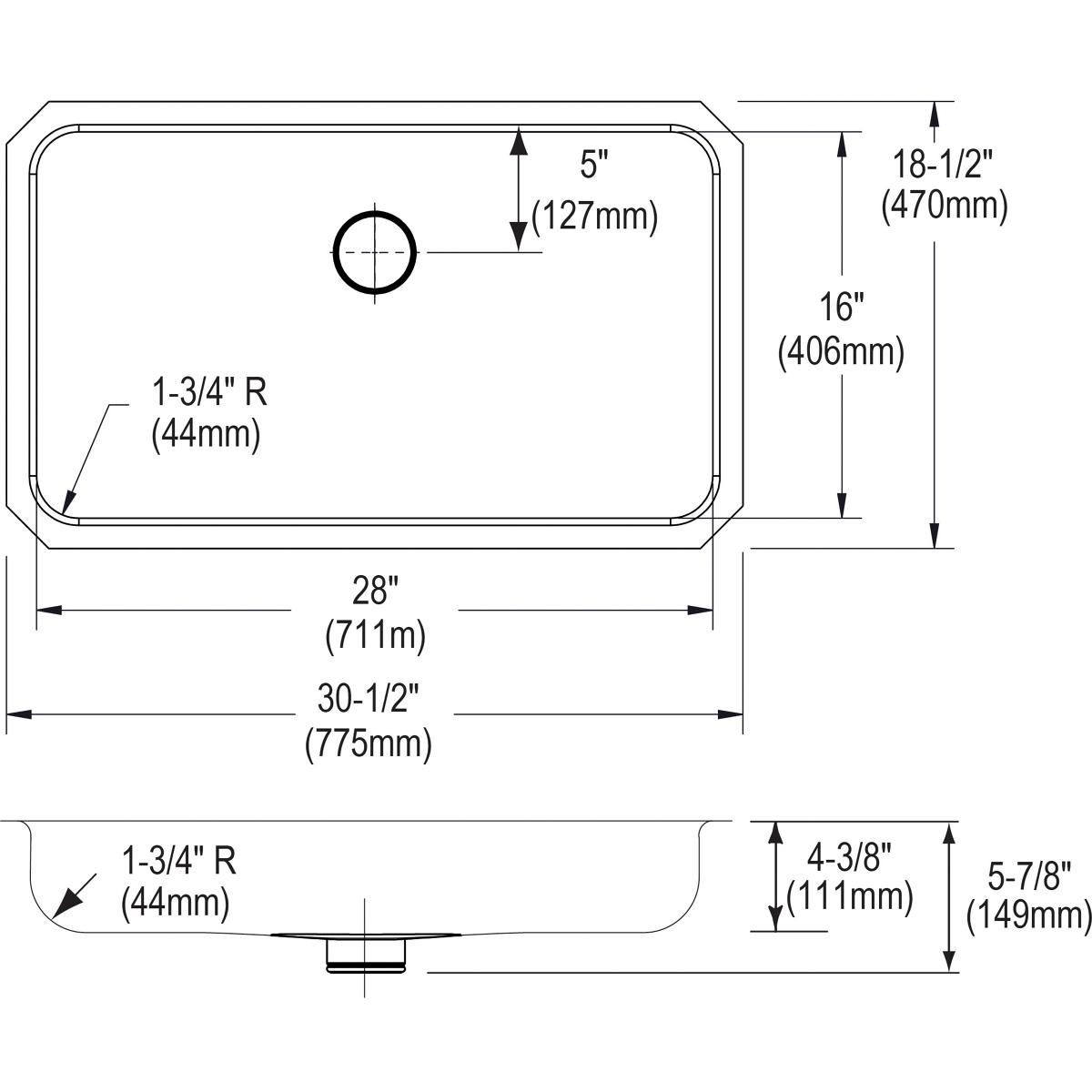 Stainless steel single bowl undermount sink with rounded corners and center drain opening, shown in top and side technical vi