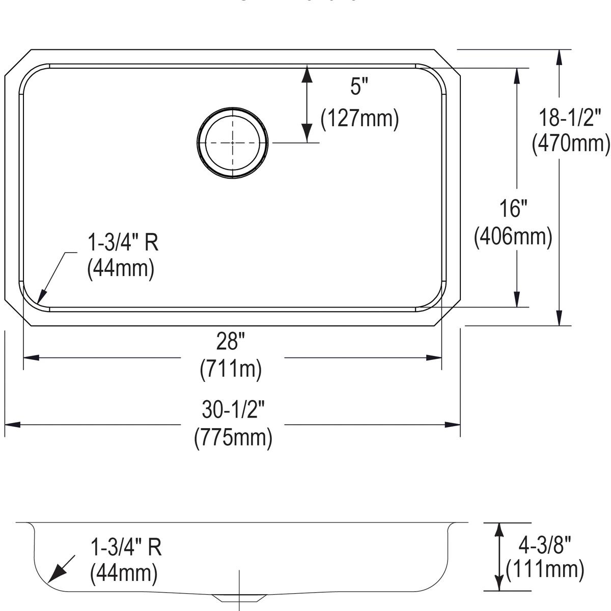 Stainless steel single bowl undermount sink with rounded corners and centered drain hole, shown in top and side technical dra