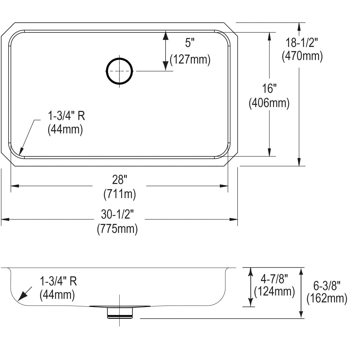 Stainless steel single bowl undermount sink with rounded corners and centered drain hole, shown in top and side views with di