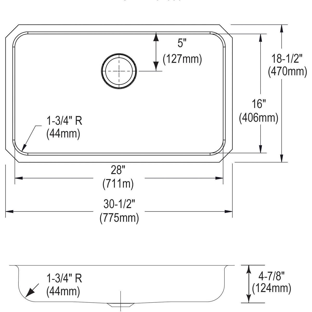 Stainless steel single bowl undermount sink with rounded corners and center drain opening, shown in top and side view technic
