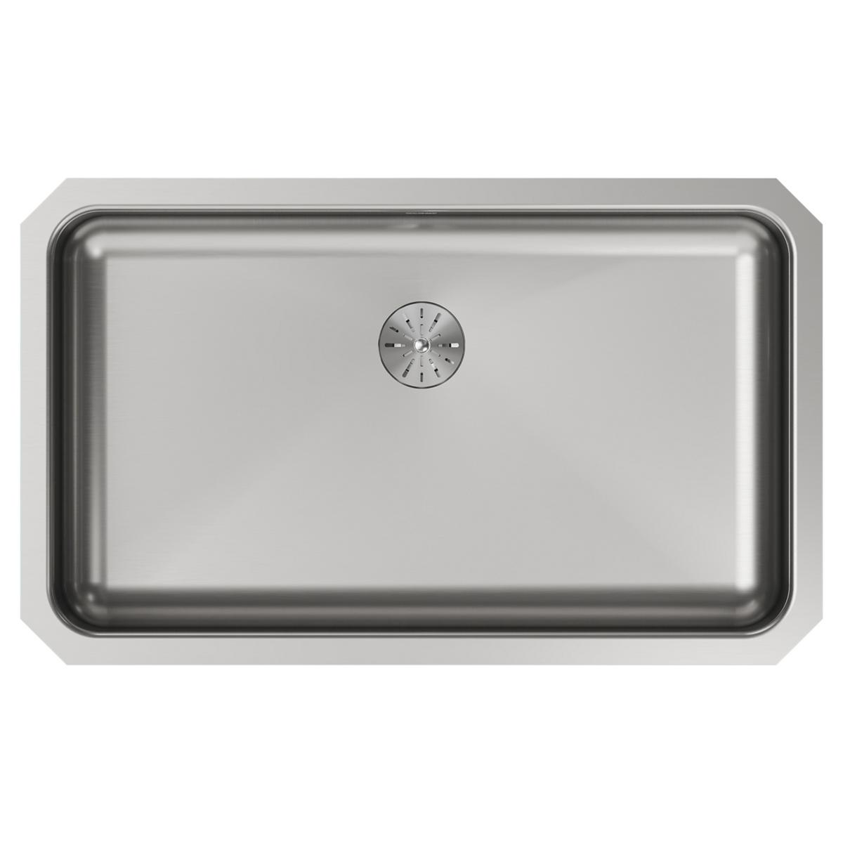 Stainless steel single bowl undermount sink with rounded corners and center drain strainer shown from above.