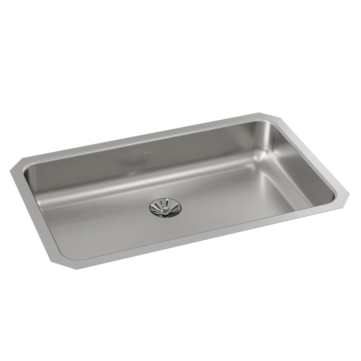 Stainless steel rectangular undermount sink with single basin and center drain opening.