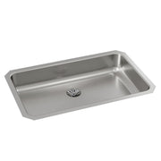 Stainless steel rectangular undermount sink with single basin and center drain opening.