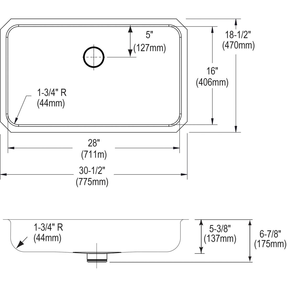 Stainless steel single bowl undermount sink with rounded corners, drain hole, and dimensional specifications showing 30-1/2" 