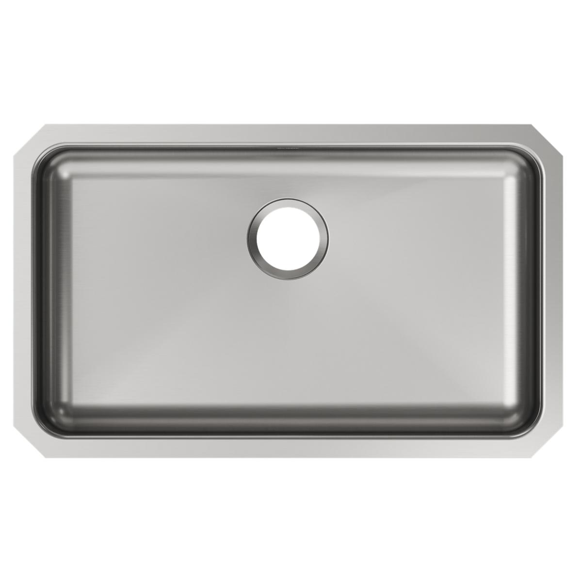Stainless steel single bowl undermount sink with rounded corners and one faucet hole.