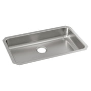 Stainless steel single bowl undermount sink with rounded corners and centered drain hole.