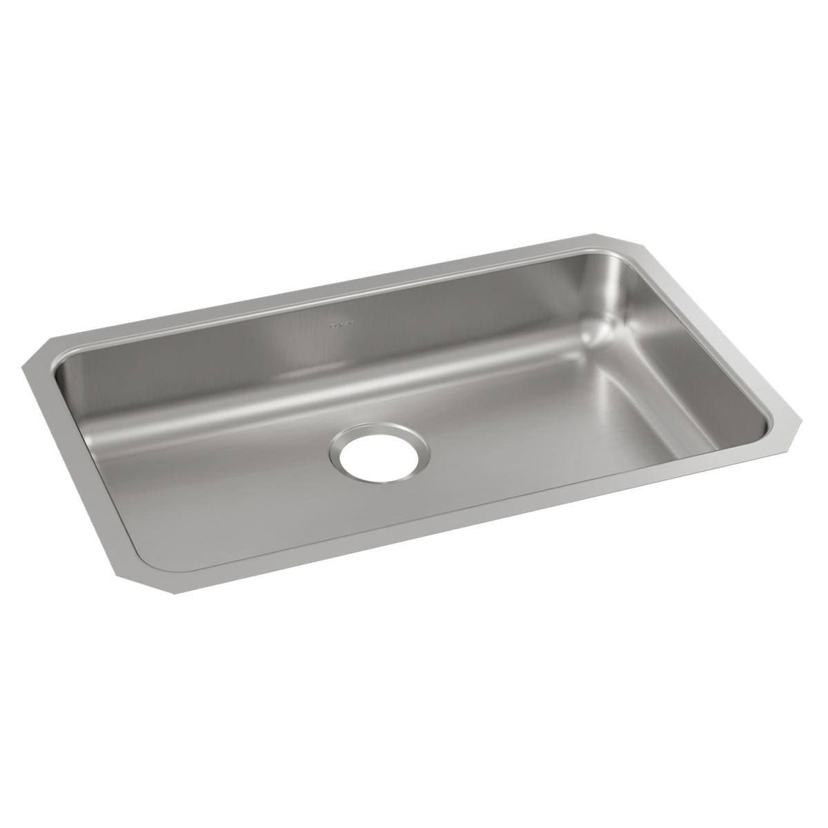 Stainless steel single bowl undermount sink with rounded corners and centered drain hole.