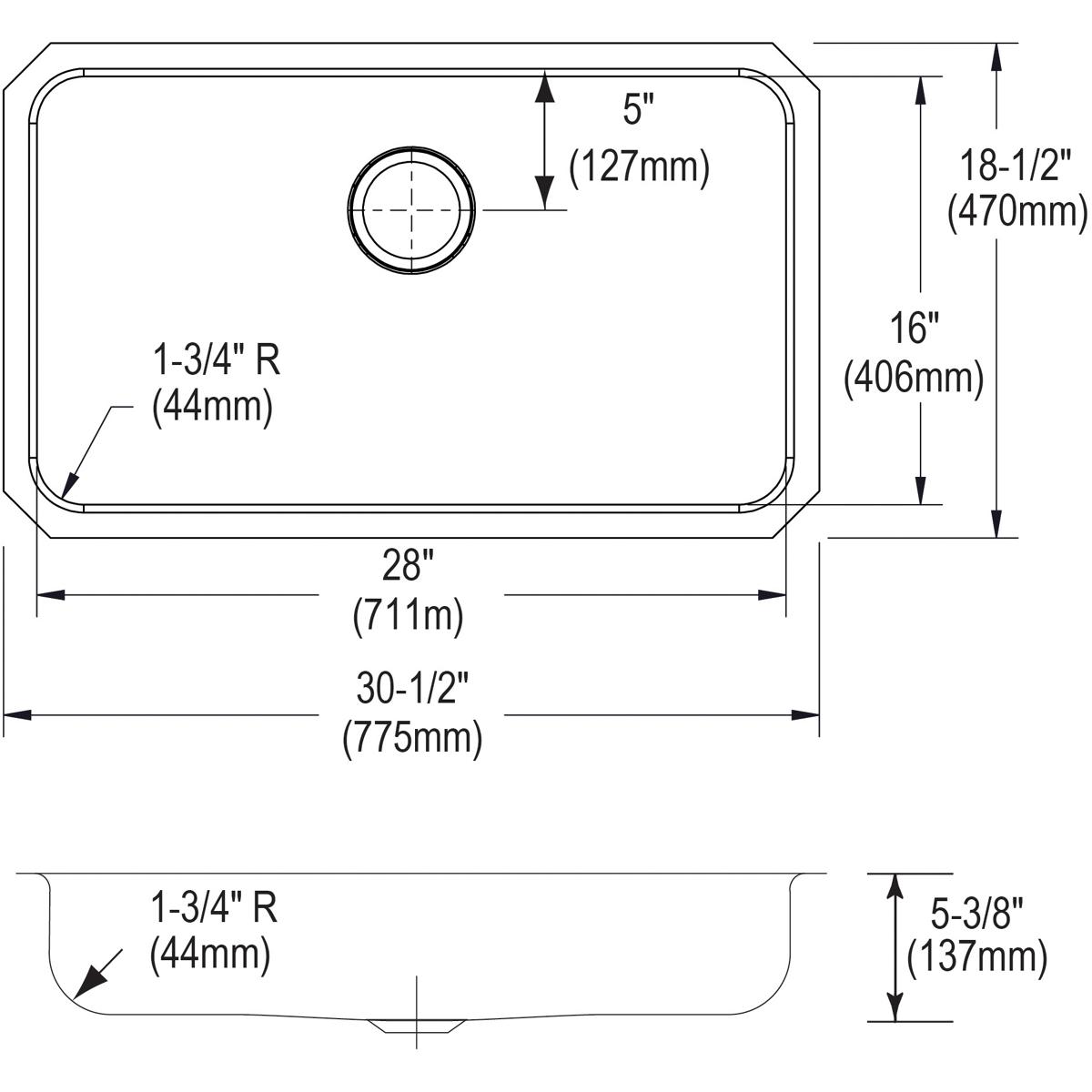 Stainless steel single bowl undermount sink with rounded corners, drain opening, and dimension specifications labeled.