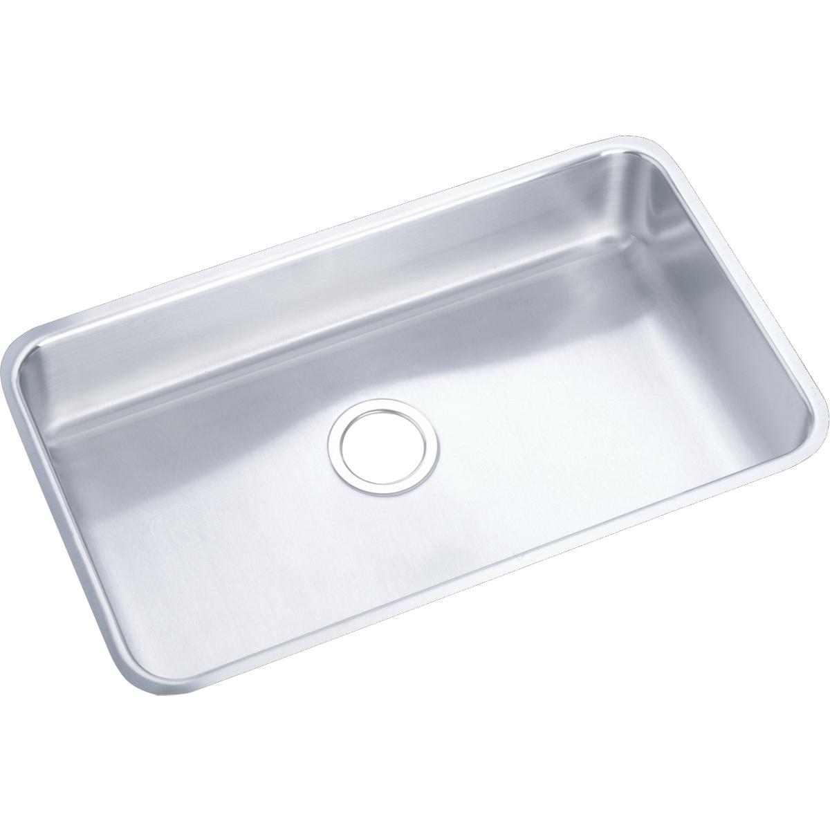 Stainless steel single bowl undermount sink with rounded corners and drain opening, shown from above at an angle.