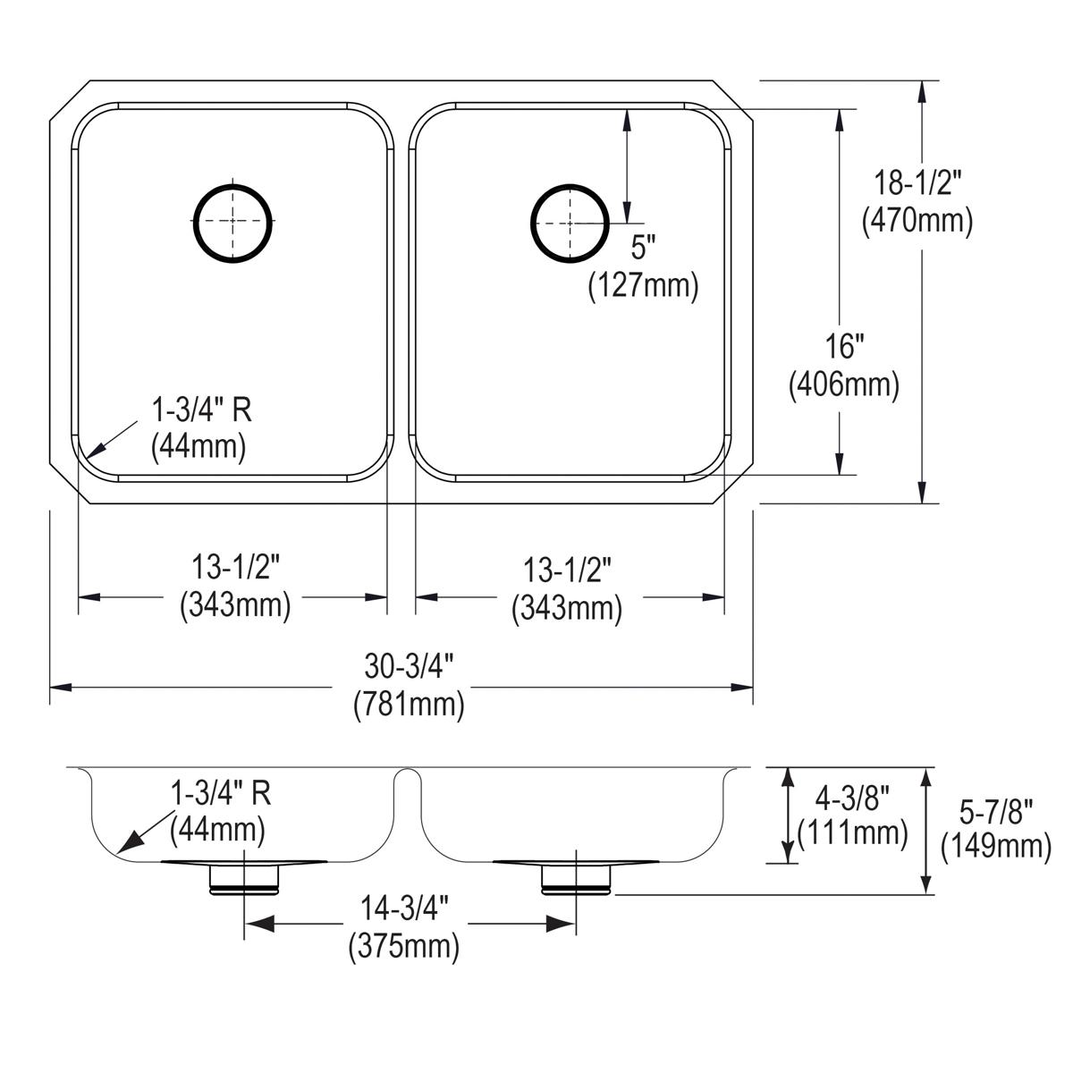 Stainless steel double bowl undermount sink with rounded corners and centered drain holes, shown in top and side technical vi
