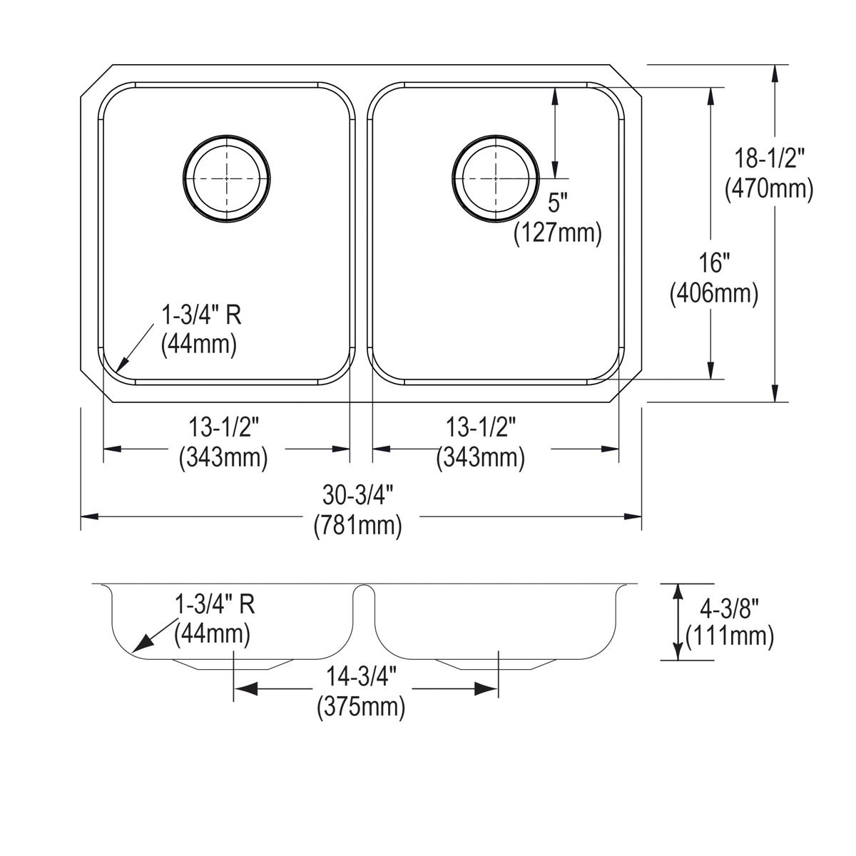 Stainless steel double bowl undermount sink with two equal rectangular bowls and rounded corners, shown in top and side view 