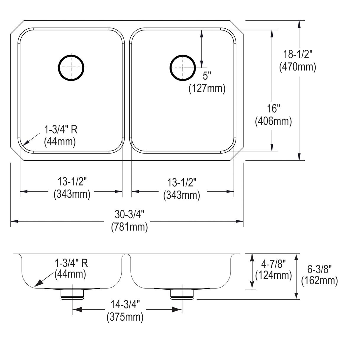 Stainless steel double bowl undermount sink with rounded corners and drain hole locations marked, shown in top and side view 