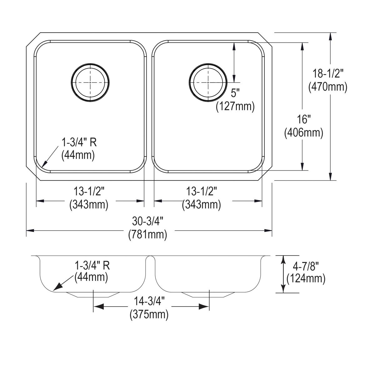 Stainless steel double bowl undermount sink with equal-sized rectangular bowls and rounded corners, shown in top and side vie