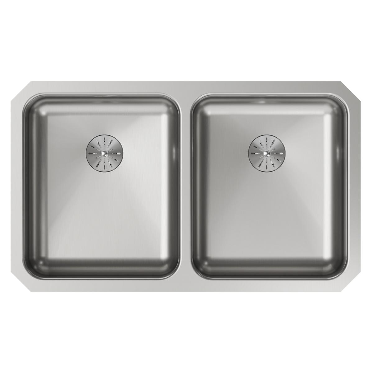 Stainless steel double bowl undermount sink with rounded corners and centered drain holes in each basin.