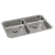 Stainless steel double bowl undermount sink with two drain strainers and rounded corners.