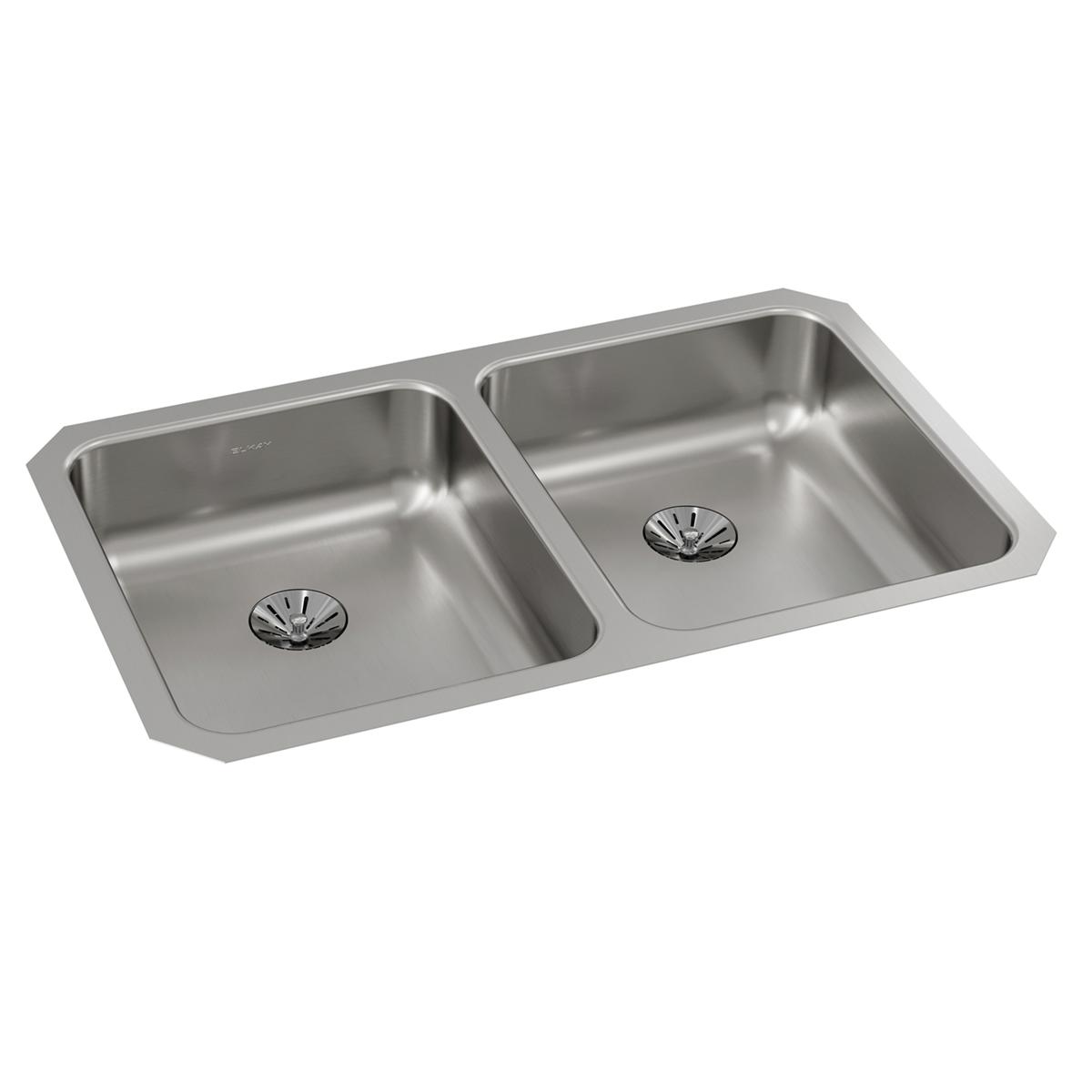 Stainless steel double bowl undermount sink with two drain strainers and rounded corners.